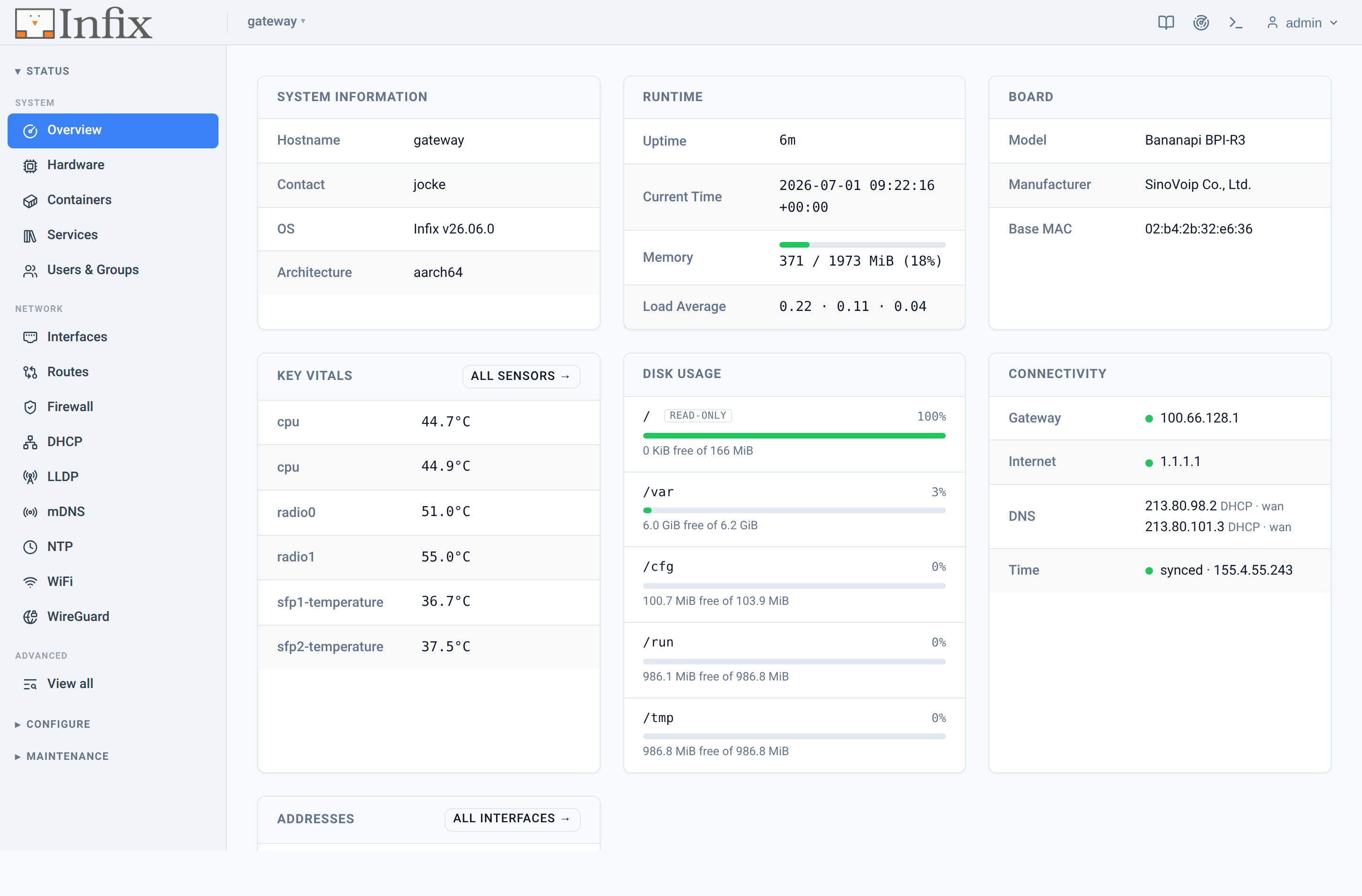 The Infix web interface, Overview page